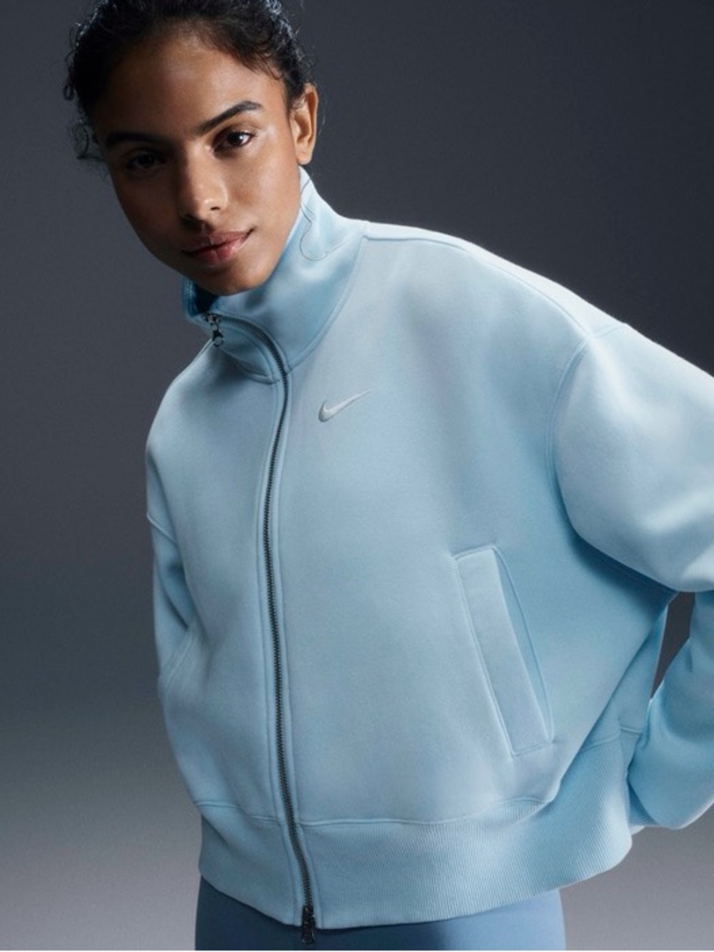 Nike Sportswear Phoenix Fleece Full Zip Jacket Light Blue Cropped Women's L